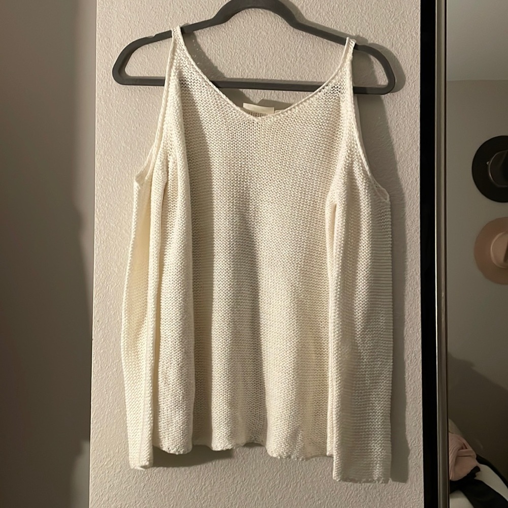 White “cold shoulder” knit sweater